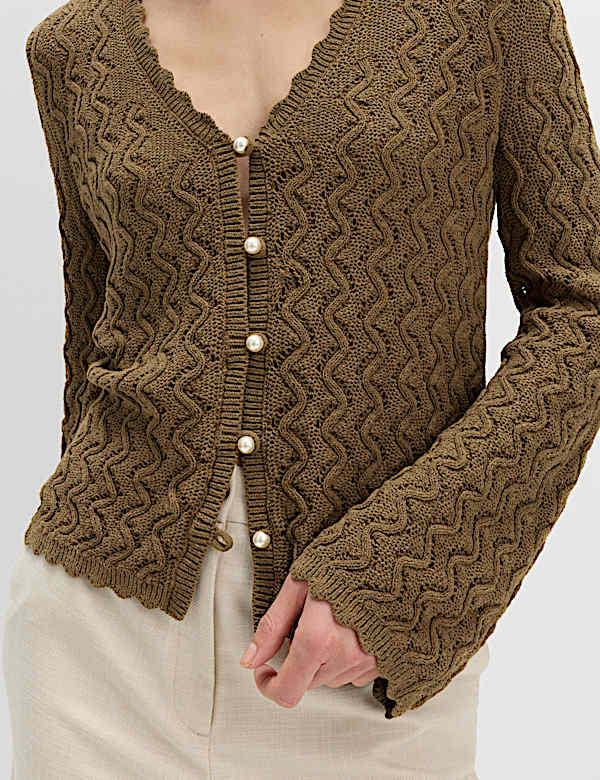 Cardigan en coton &agrave; bords festonn&eacute;s et perles - CH