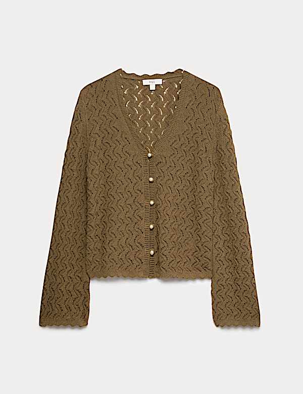 Cardigan en coton &agrave; bords festonn&eacute;s et perles - CH