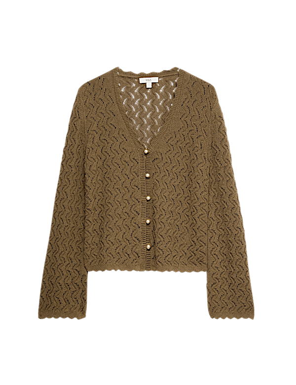 Cotton Rich Pearl Detail Scallop Edge Cardigan