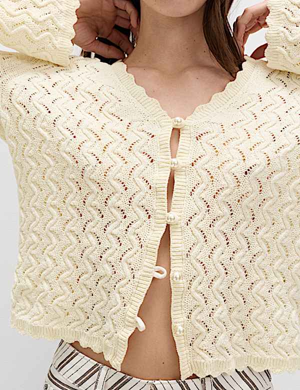 Cotton Rich Pearl Detail Scallop Edge Cardigan - ID