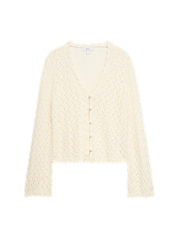 Cotton Rich Pearl Detail Scallop Edge Cardigan