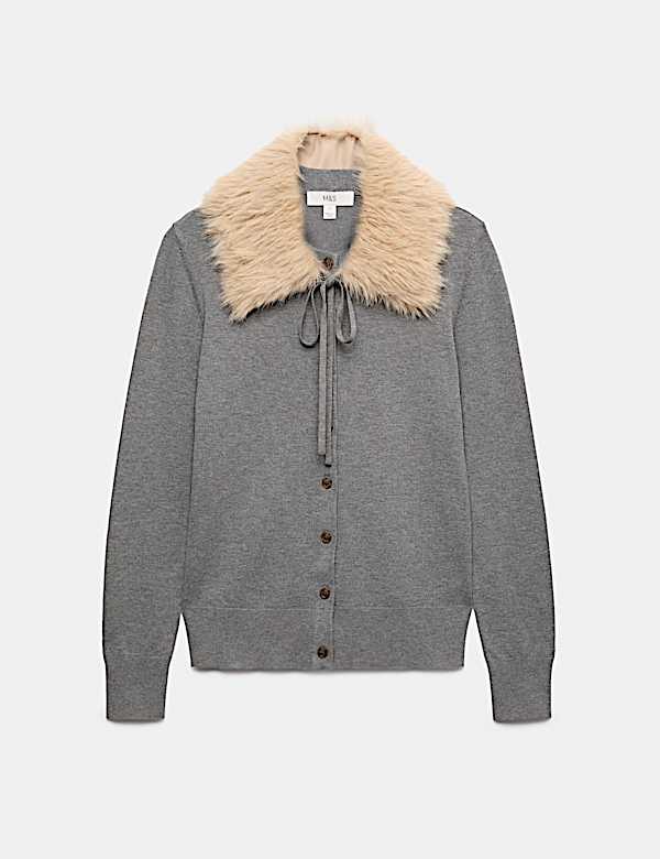 Faux Fur Collar Button Front Cardigan - CZ
