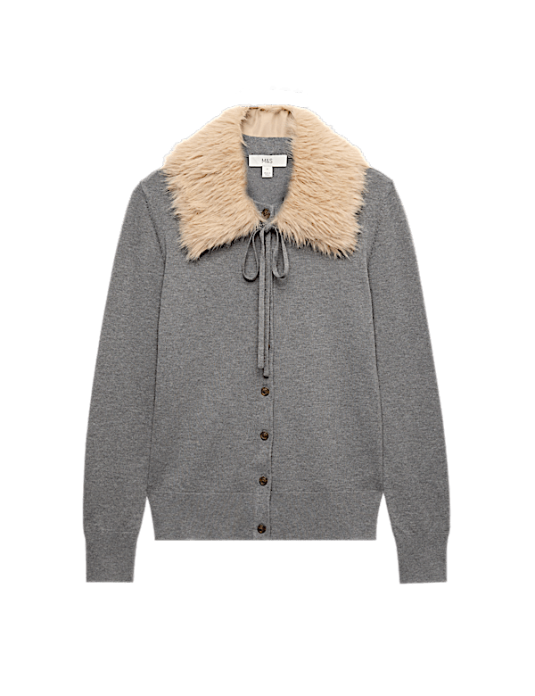 Faux Fur Collar Button Front Cardigan