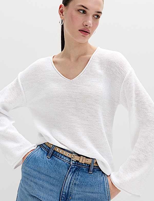 Cotton Blend V-Neck Slim Fit Jumper - DE