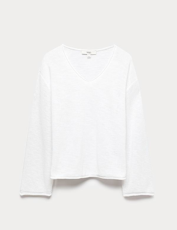 Cotton Blend V-Neck Slim Fit Jumper - DE