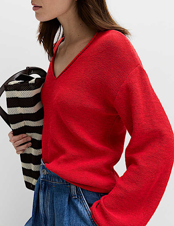 Cotton Blend V-Neck Slim Fit Jumper - EE