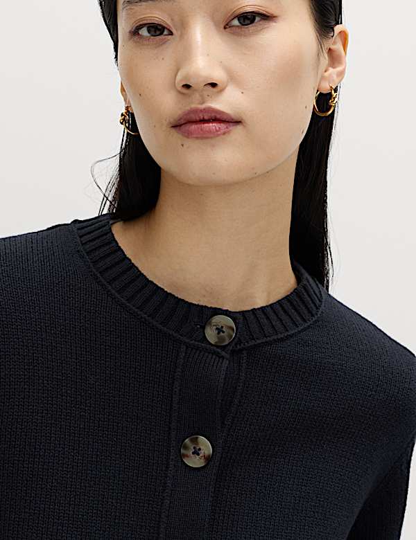 Cotton Rich Crew Neck Button Front Cardigan - US