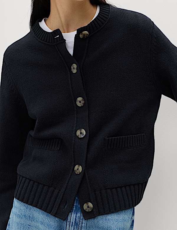 Cotton Rich Crew Neck Button Front Cardigan - US