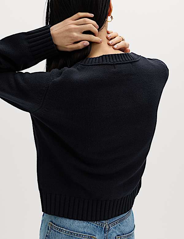 Cotton Rich Crew Neck Button Front Cardigan - US