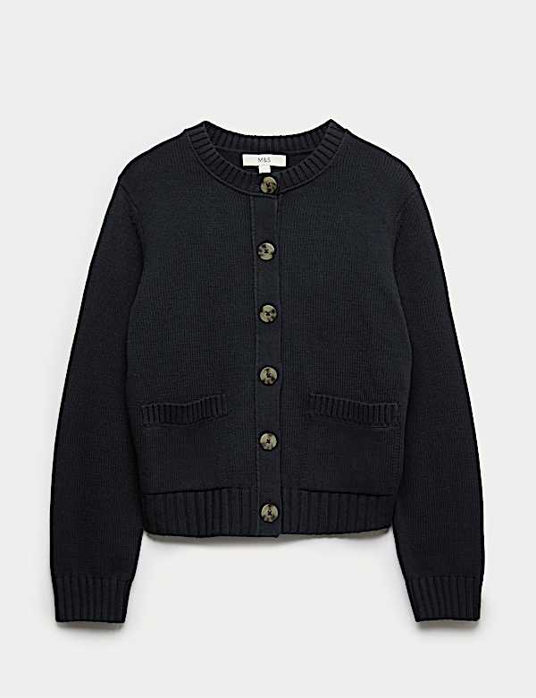 Cotton Rich Crew Neck Button Front Cardigan - US