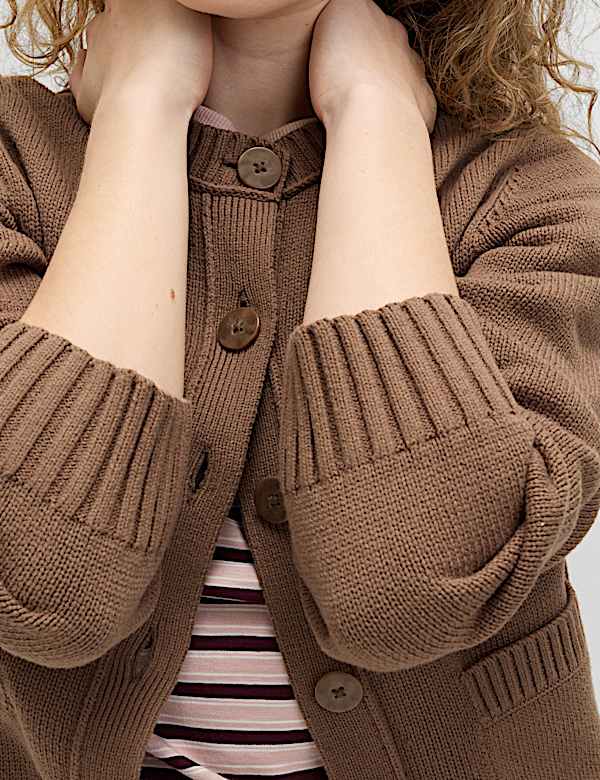 Cotton Rich Crew Neck Button Front Cardigan - US