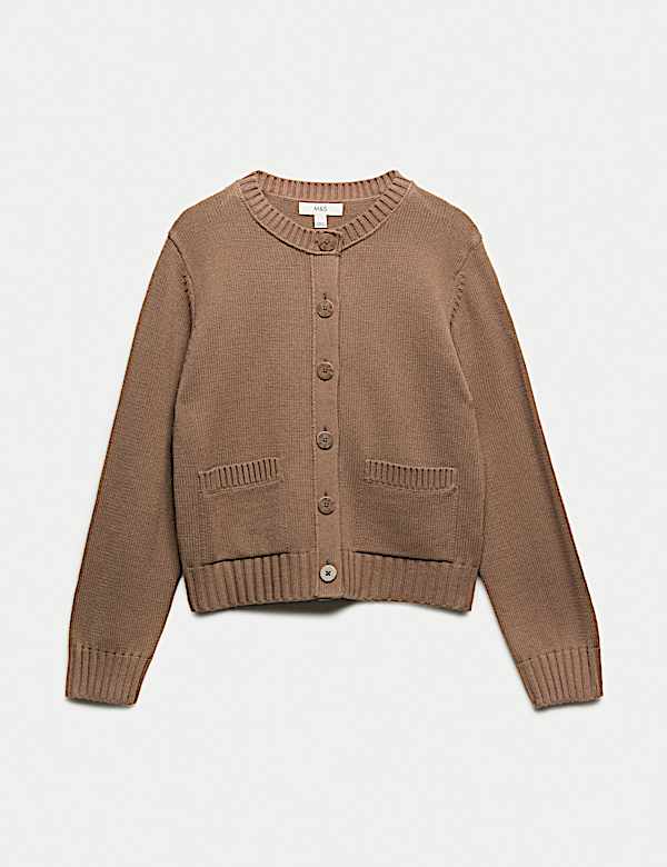 Cotton Rich Crew Neck Button Front Cardigan - US