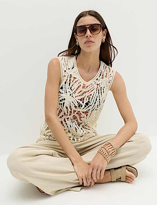 Pure Cotton Crochet-Style Knitted Vest