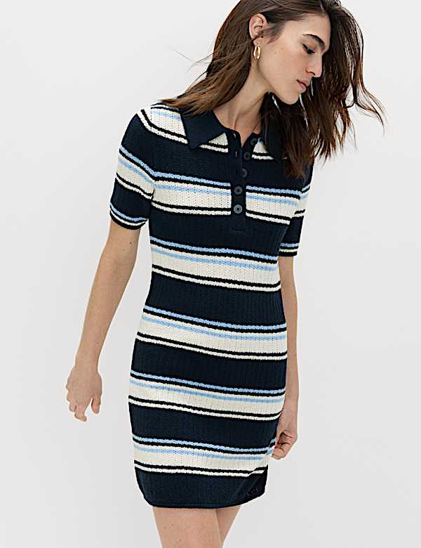 Dzianinowa sukienka mini w paski z przewagą bawełny - PL