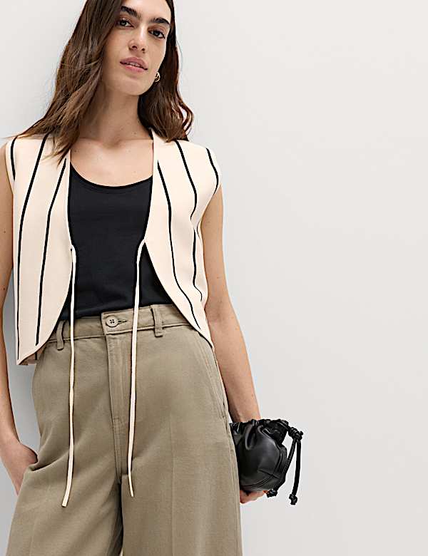 Tie Front Striped Cropped Knitted Waistcoat - TW