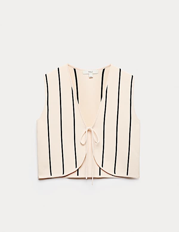 Tie Front Striped Cropped Knitted Waistcoat - TW