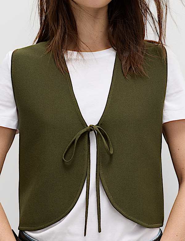 Tie Front Slim Fit Cropped Knitted Waistcoat - LT