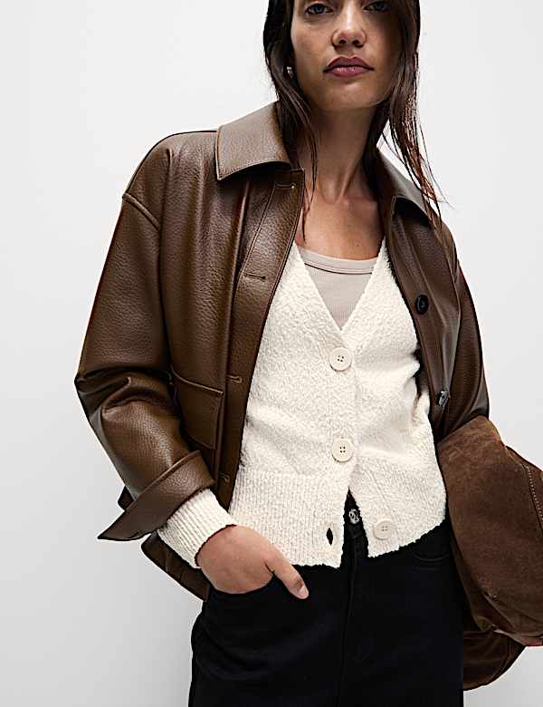 Cotton Rich Textured V-Neck Relaxed Cardigan - DK