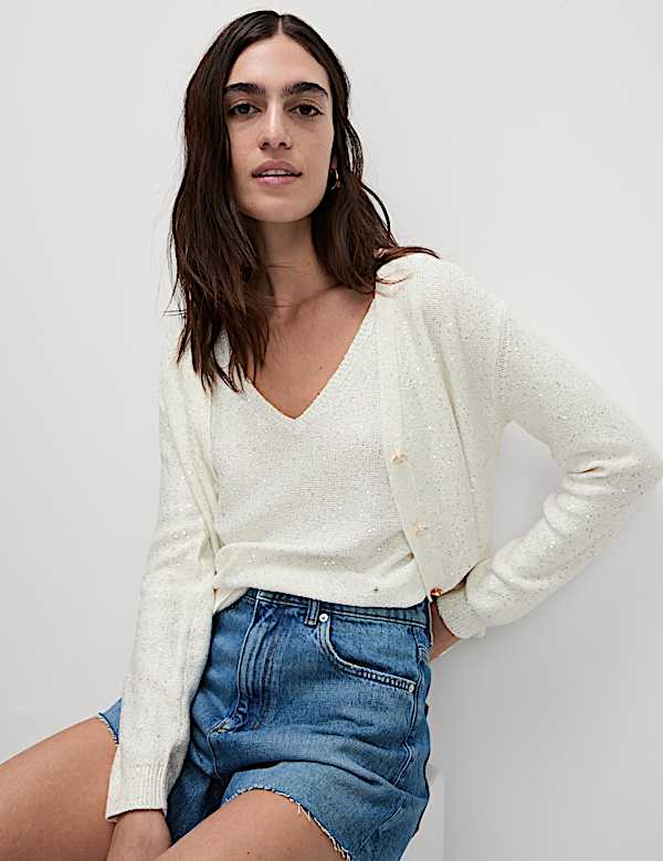 Sparkly V-Neck Button Front Cropped Cardigan - IT