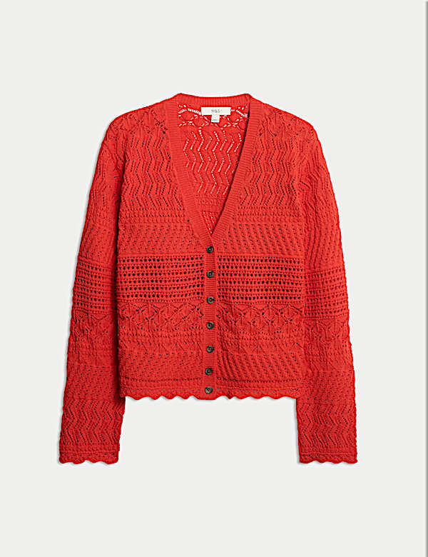 Cotton Blend Pointelle V-Neck Button Front Cardigan - FI