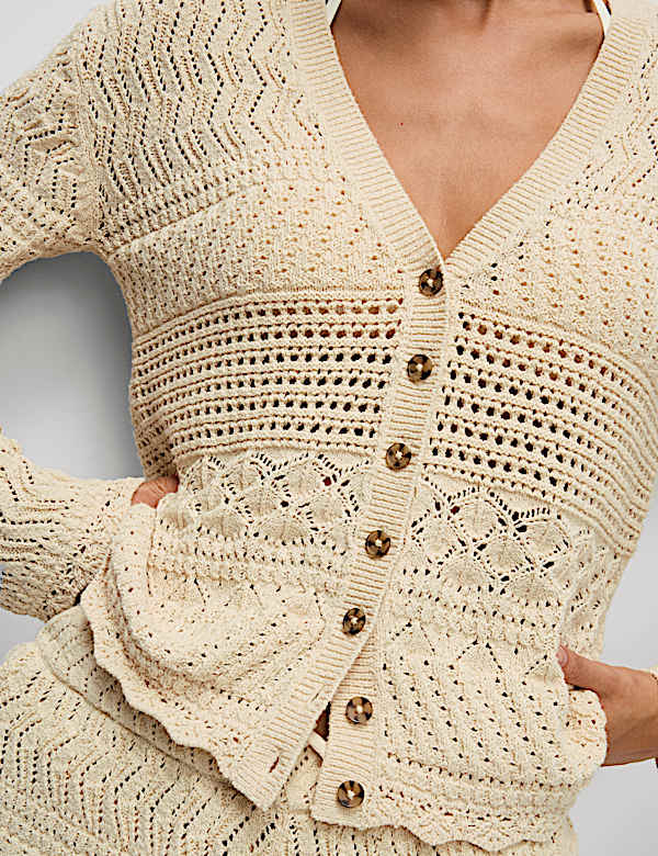 Cotton Blend Pointelle V-Neck Button Front Cardigan - JE