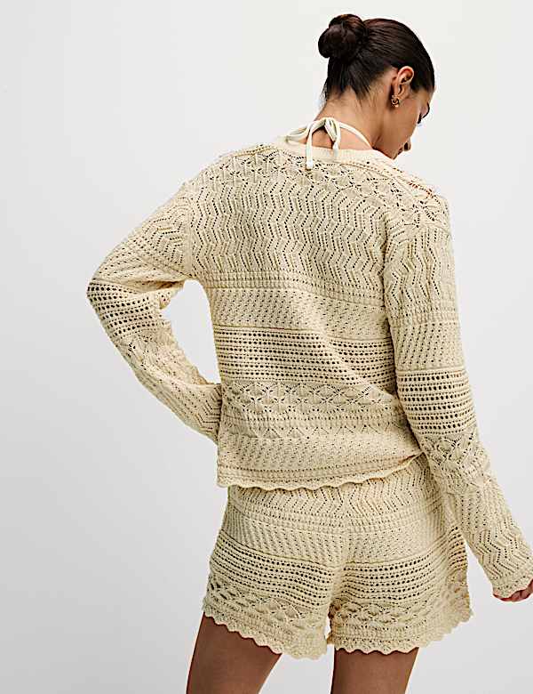 Cotton Blend Pointelle V-Neck Button Front Cardigan - JE