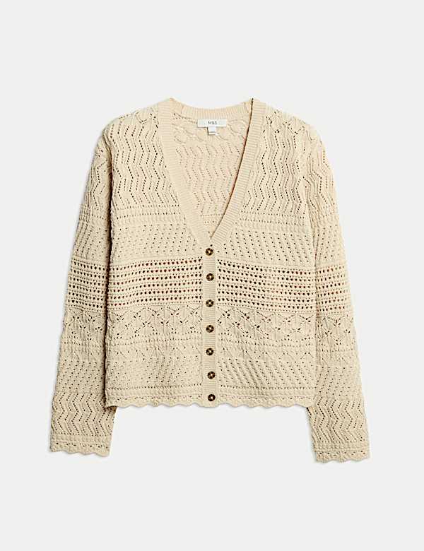 Cotton Blend Pointelle V-Neck Button Front Cardigan - JE