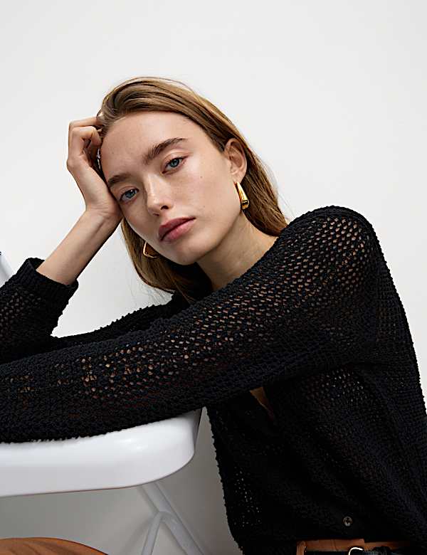 Cotton Rich Open Stitch Cropped Cardigan - US