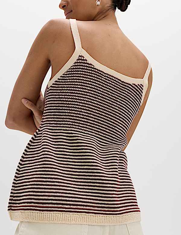 Cotton Blend Striped Square Neck Knitted Vest - KR
