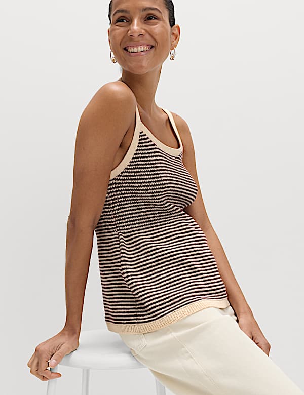 Cotton Blend Striped Square Neck Knitted Vest - KR