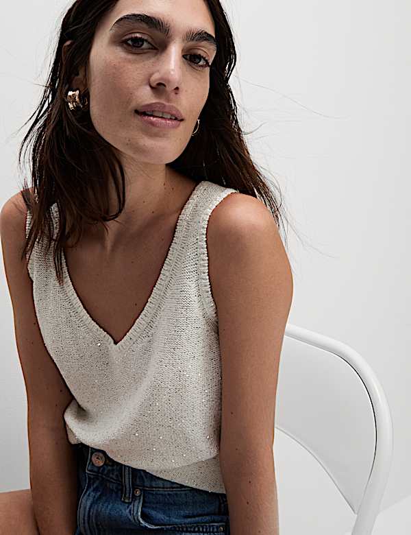 Sequin Textured V-Neck Knitted Vest - AL
