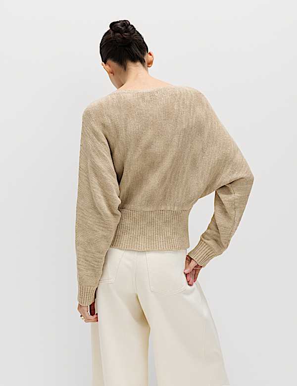 Cotton Rich Textured Slash Neck Relaxed Jumper - FR