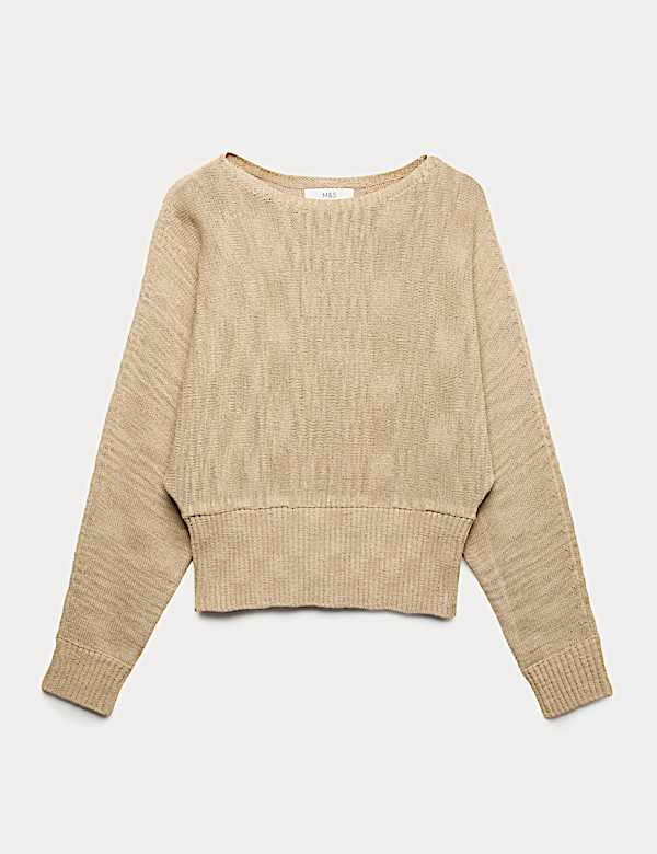 Cotton Rich Textured Slash Neck Relaxed Jumper - FR
