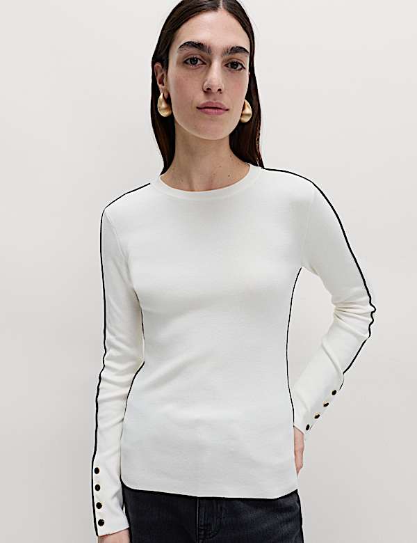 Ribbed Crew Neck Tipped Detail Jumper - JE