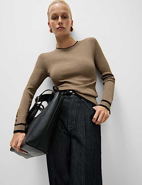 Ribbed Tipped Detail Crew Neck Jumper