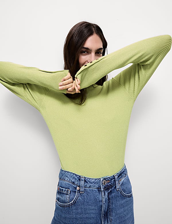 Ribbed Crew Neck Button Detail Jumper