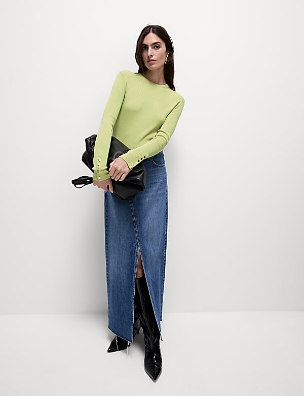 Ribbed Crew Neck Button Detail Jumper