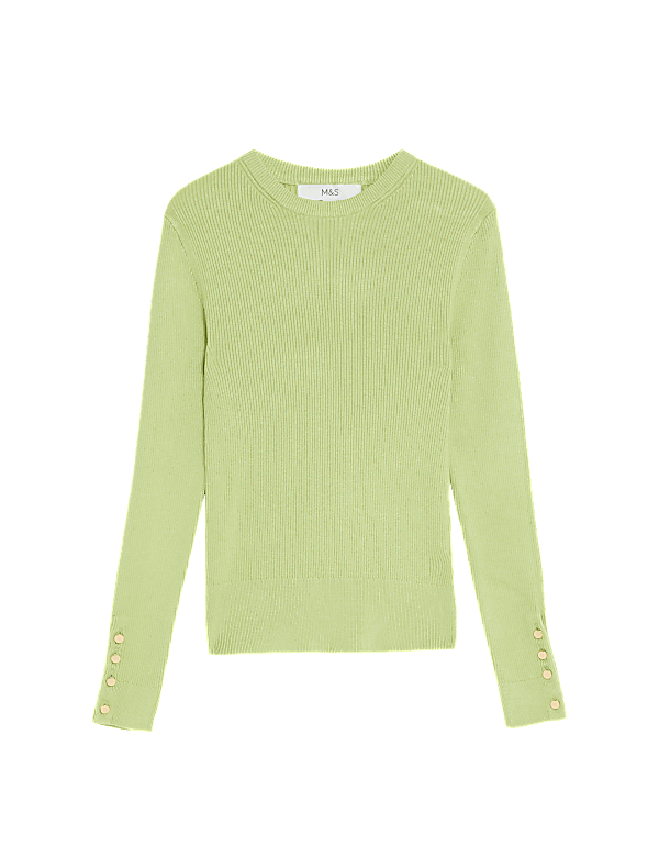 Ribbed Crew Neck Button Detail Jumper