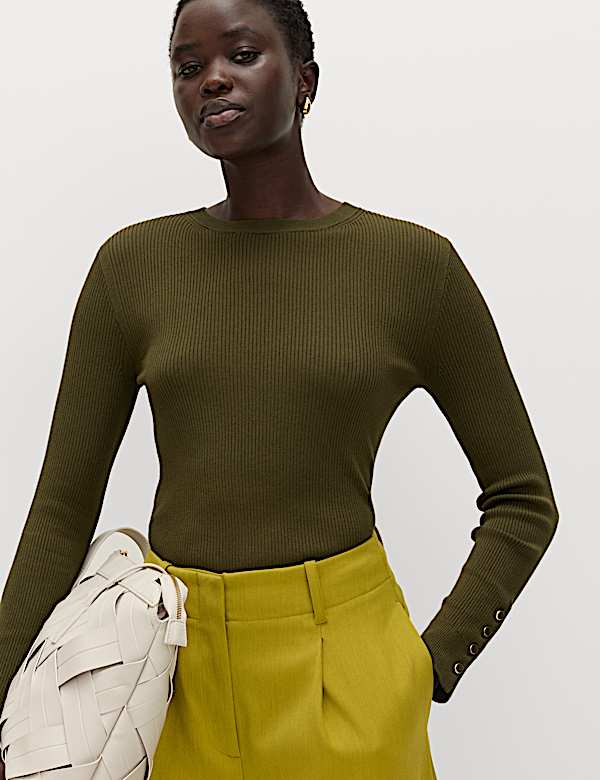 Ribbed Crew Neck Button Detail Jumper - LV