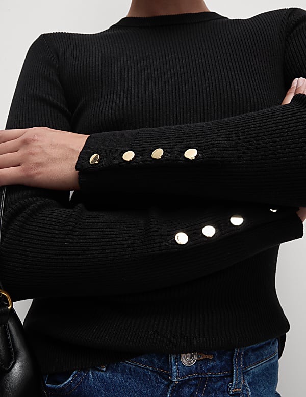Ribbed Crew Neck Button Detail Jumper