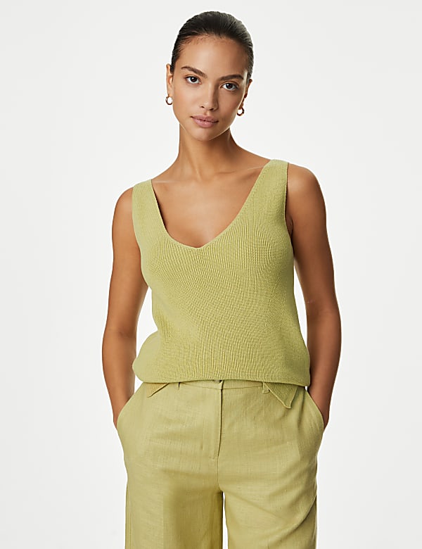 Cotton Rich V-Neck Longline Knitted Vest - CZ