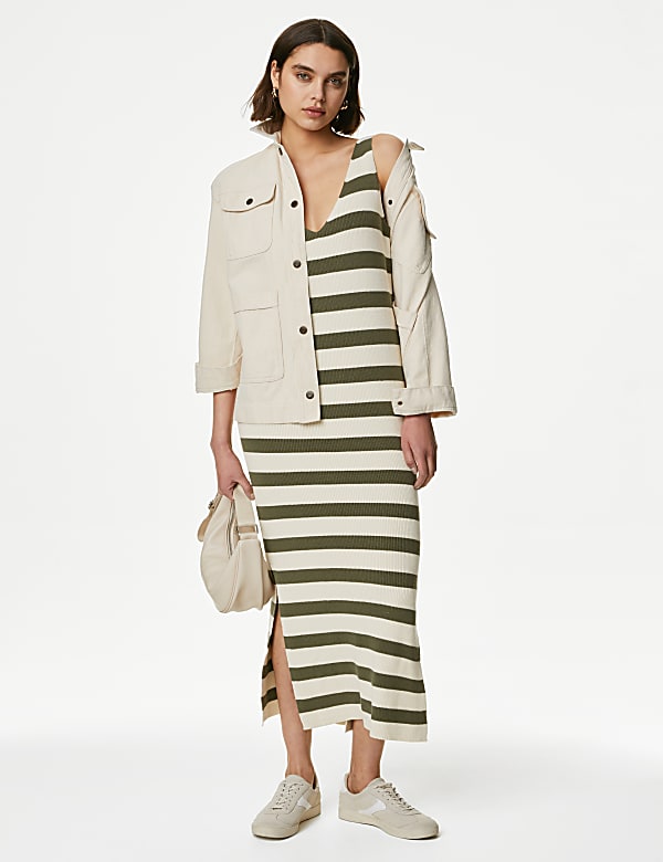 Cotton Rich Knitted Striped V-Neck Midi Dress - MV