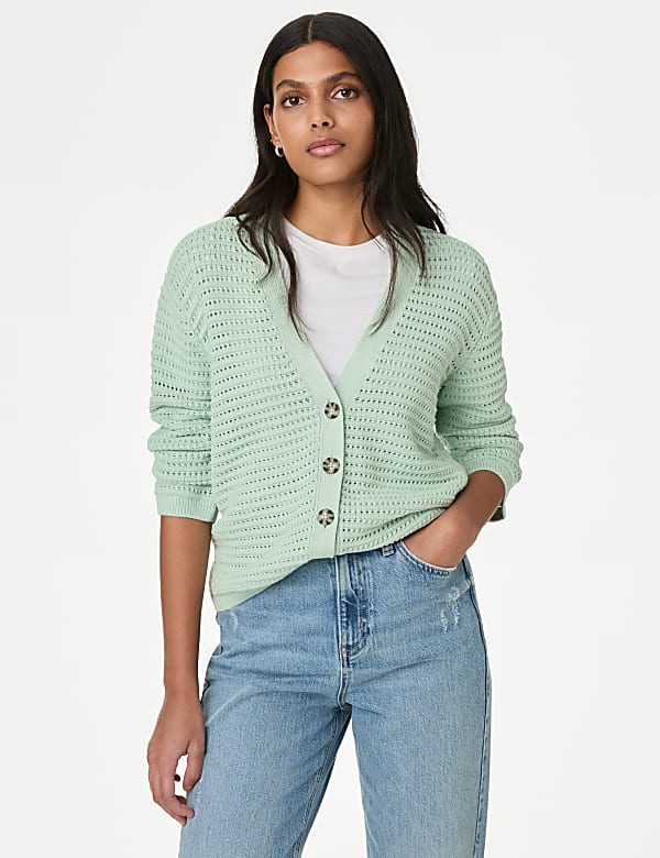 Cotton Rich Textured V-Neck Cardigan
