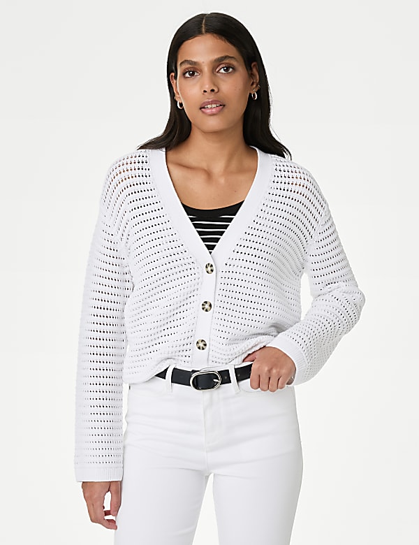 Cotton Rich Textured V-Neck Cardigan