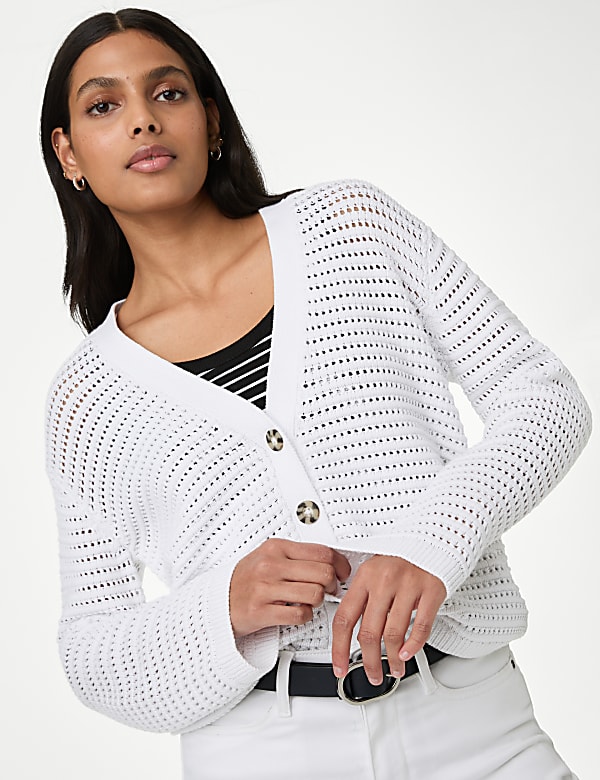 Cotton Rich Textured V-Neck Cardigan
