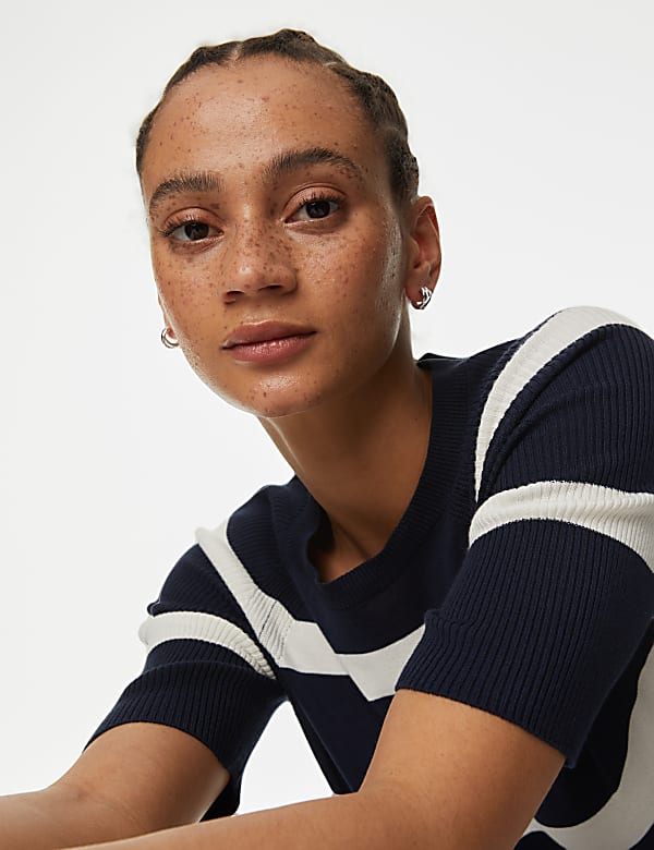 Cotton Rich Striped Ribbed Knitted Top