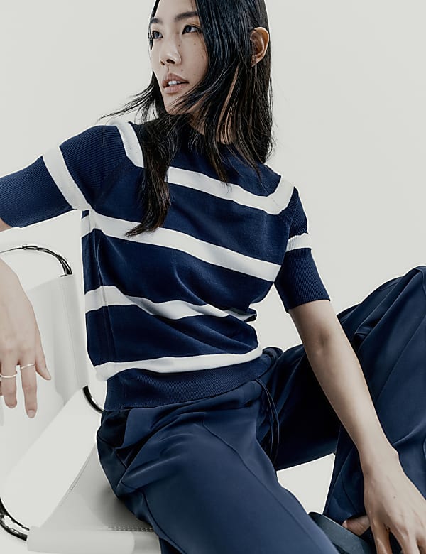 Cotton Rich Striped Ribbed Knitted Top