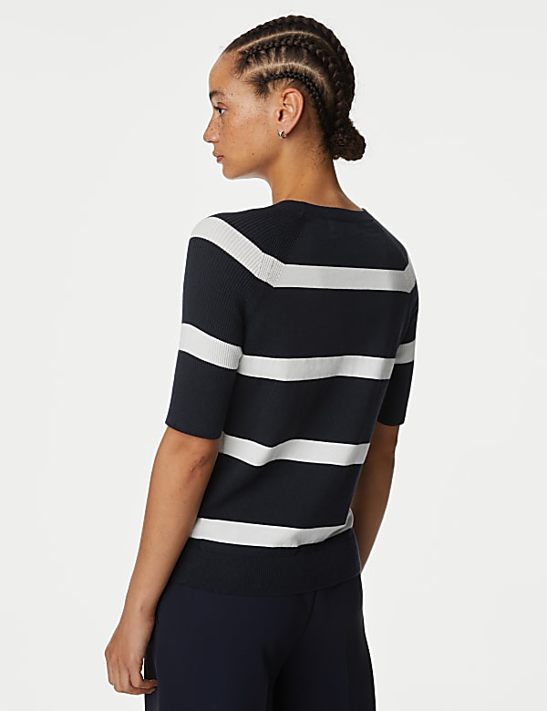 Cotton Rich Striped Ribbed Knitted Top