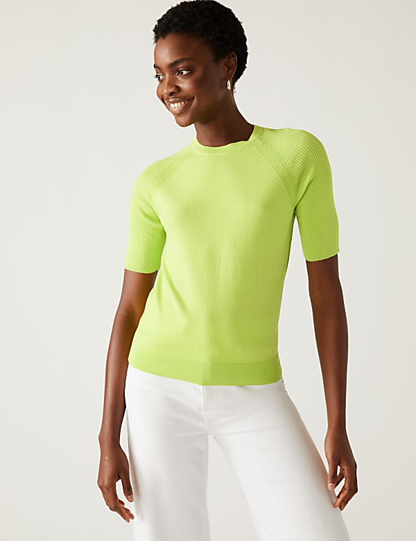 Cotton Rich Ribbed Crew Neck Knitted Top
