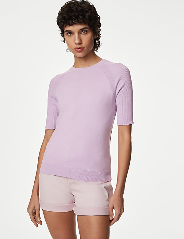 Cotton Rich Ribbed Crew Neck Knitted Top